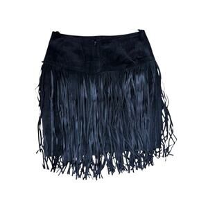 Vintage 1980's Black Suede Fringe Mini Skirt High Waist Boho Chic Women Size 6-8